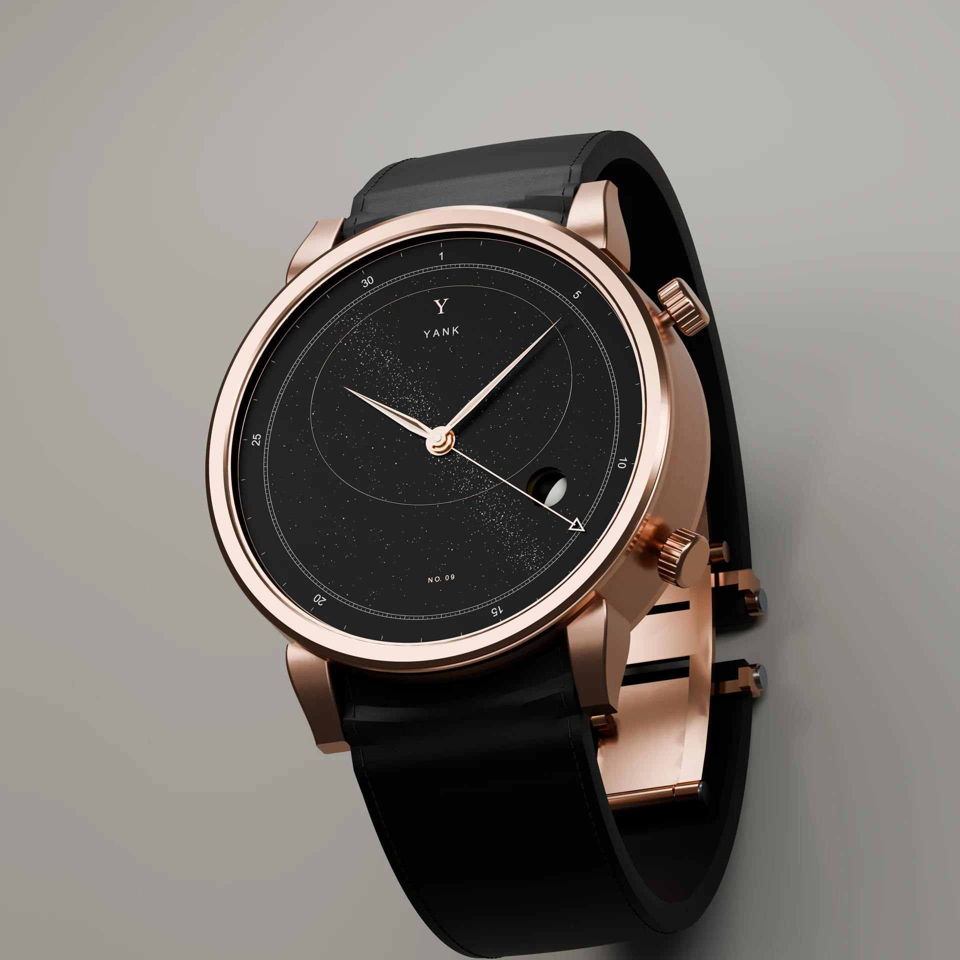 No. 09 Celestial in rose gold with black leather
