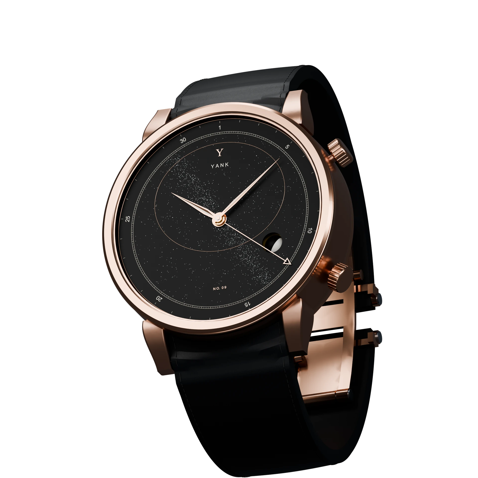 The YANK No. 09, with a rose-gold case, black celestial dial and curved black leather strap