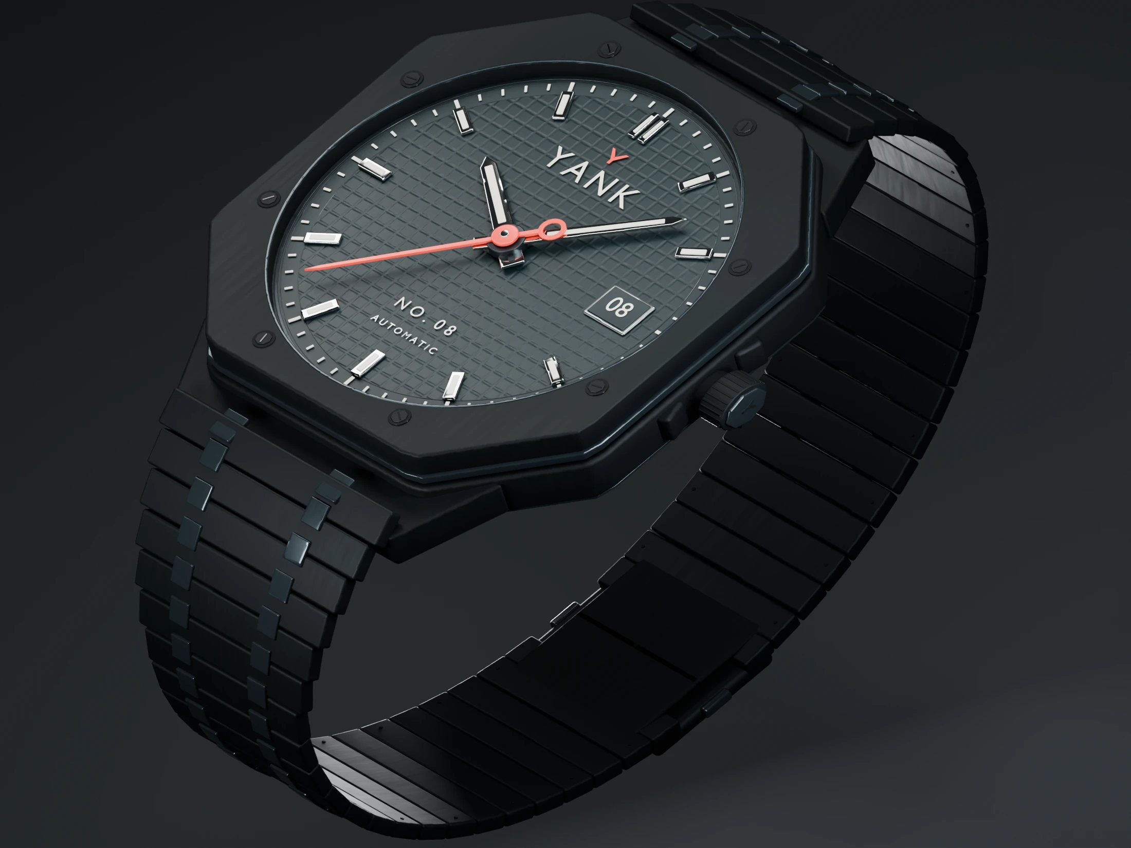 Carbon YANK watch with a matched matte black case and bracelet under sculptural studio lighting