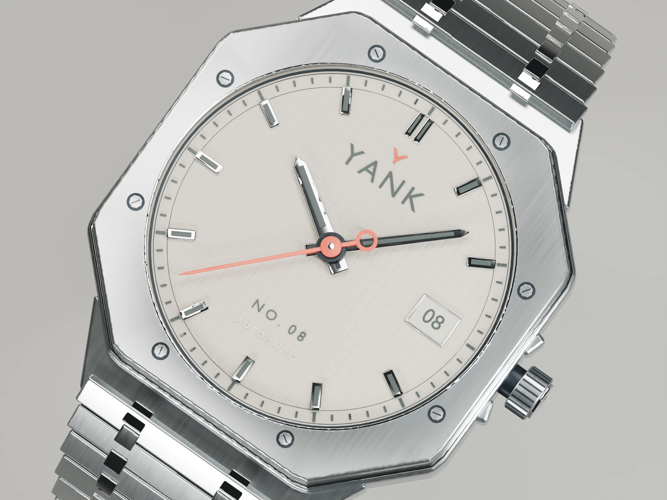 Chalk YANK watch with a brushed steel case and bracelet in a softly lit studio view