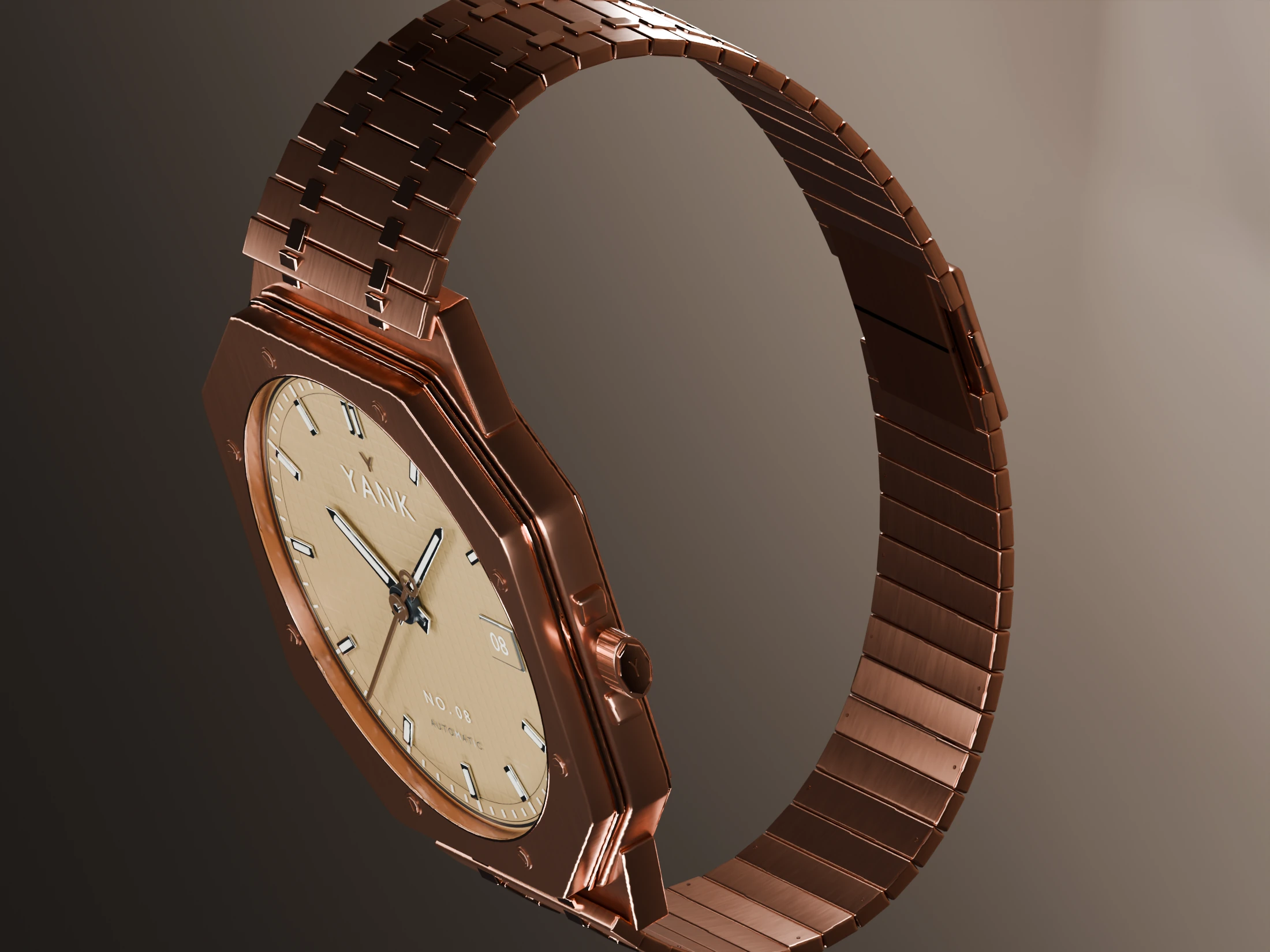 Champagne YANK dial in a rose gold case and bracelet in a warm angled studio view