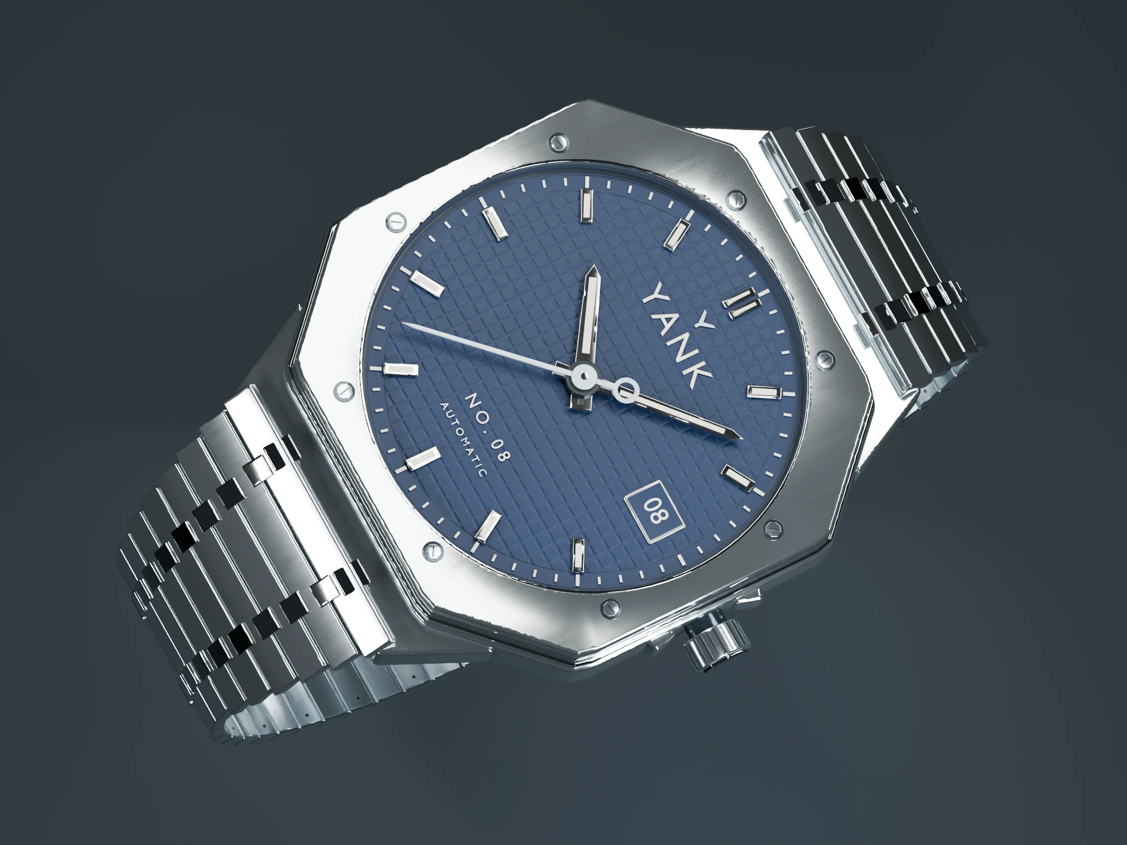 Midnight blue YANK No. 08 with a chrome case and bracelet, in an angled studio composition