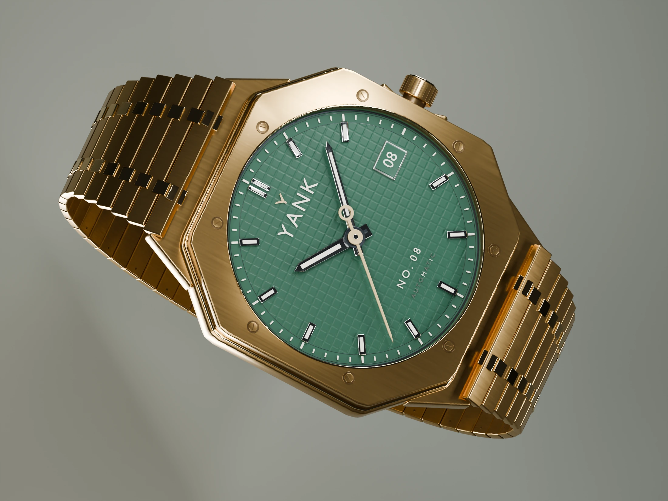 Deep green YANK dial surrounded by gold facets and an integrated gold bracelet