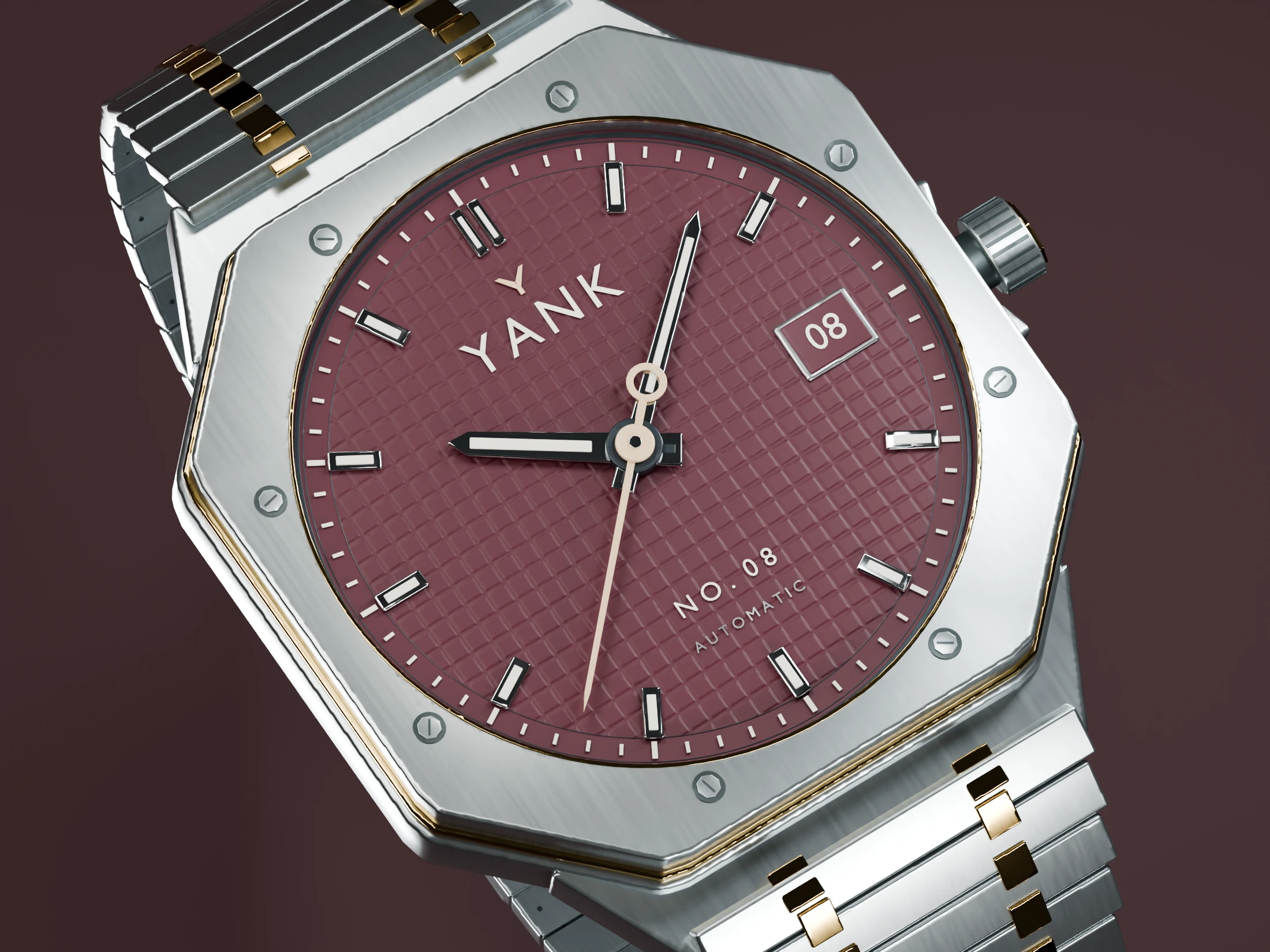 Oxblood YANK watch with contrasting steel and gold case and bracelet details